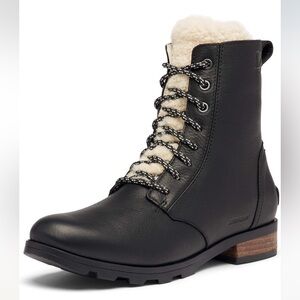 NEW Sorel Emelie Shearling Short Lace Up Cozy Black White Fur Boots Shoes Sz 6.5